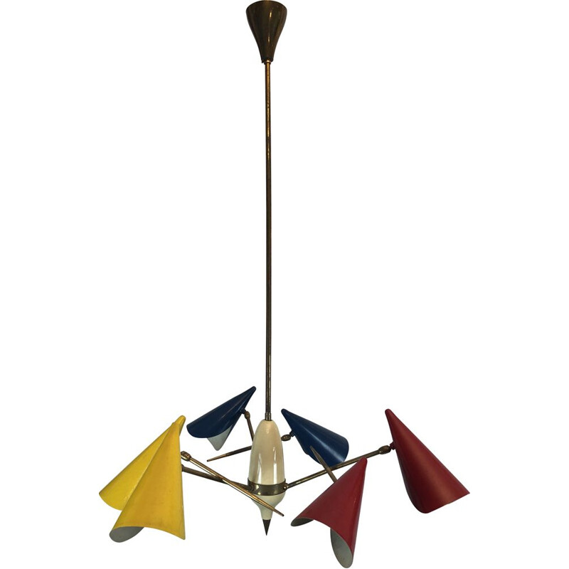 Midcentury Brass and Lacquered Metal Chandelier with Three Arms Italian