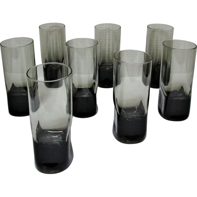 Set of 8 vintage long drink glasses grey smoked glass 1970s