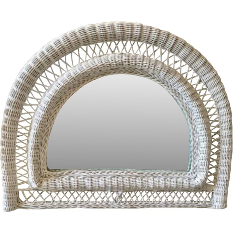 Vintage half moon white rattan mirror