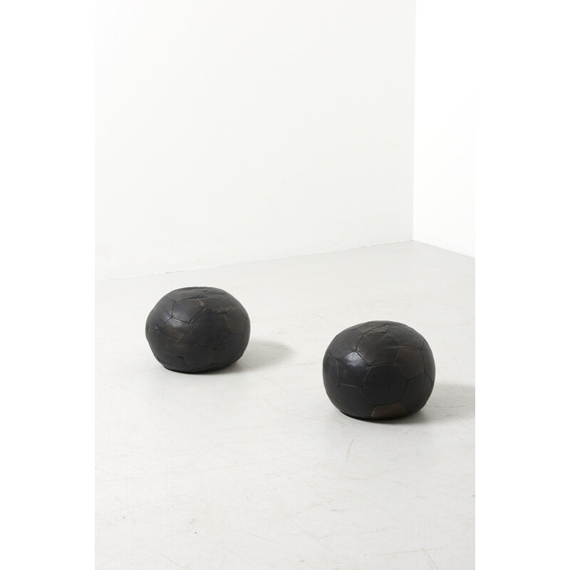 Pair of vintage Leather Poufs by De Sede, Switzerland 1970s