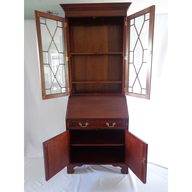 Vintage massief mahonie gebrandschilderd raam met secretaire, Engeland 1900