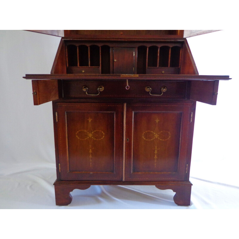 Vintage massief mahonie gebrandschilderd raam met secretaire, Engeland 1900