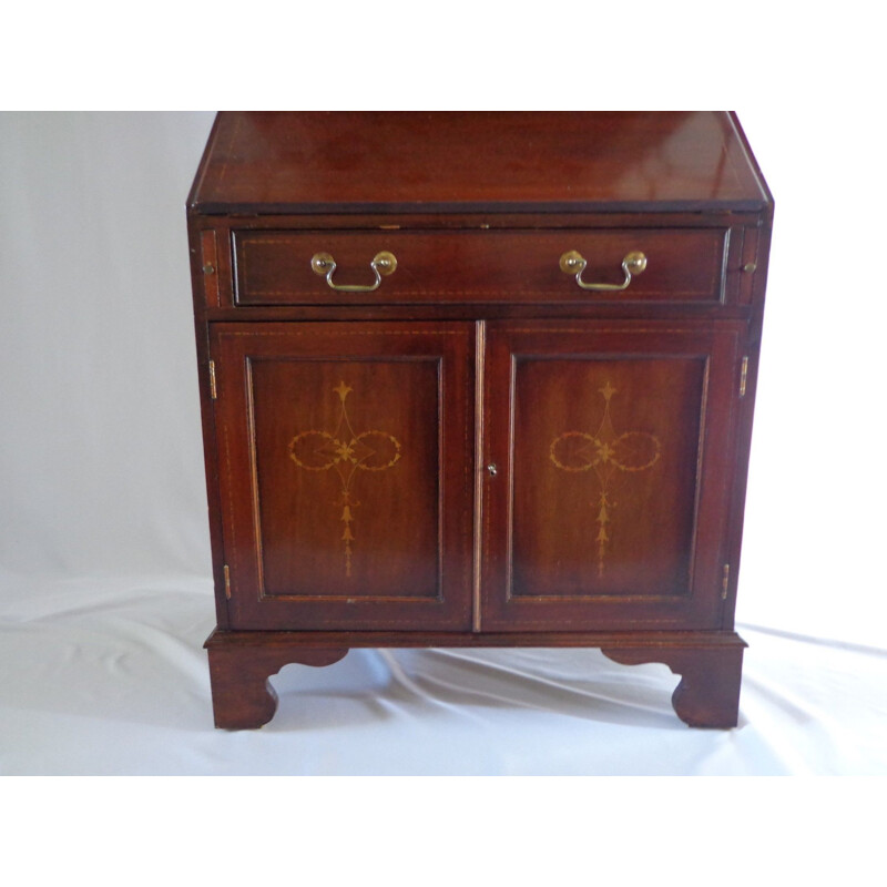 Vintage massief mahonie gebrandschilderd raam met secretaire, Engeland 1900