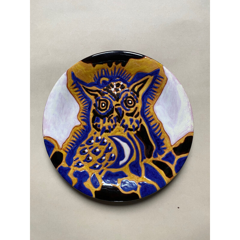 Vintage ceramic owl plate by Jean Lurçat