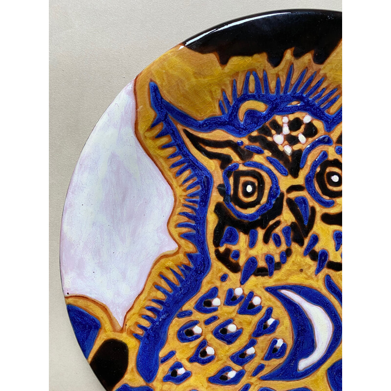 Vintage ceramic owl plate by Jean Lurçat