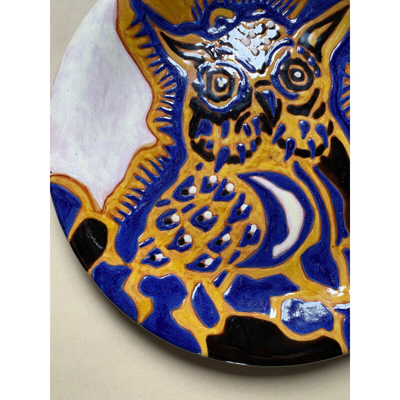 Vintage ceramic owl plate by Jean Lurçat