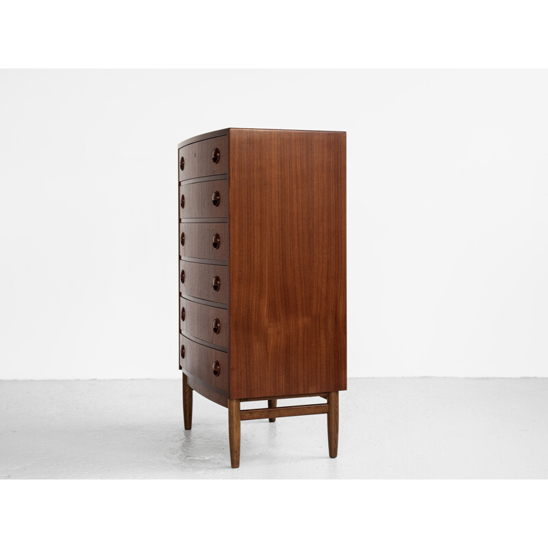 Midcentury chest of 6 drawers in teak by Kai Kristiansen bowed front, Danish 1960s