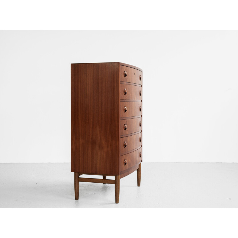 Midcentury chest of 6 drawers in teak by Kai Kristiansen bowed front, Danish 1960s