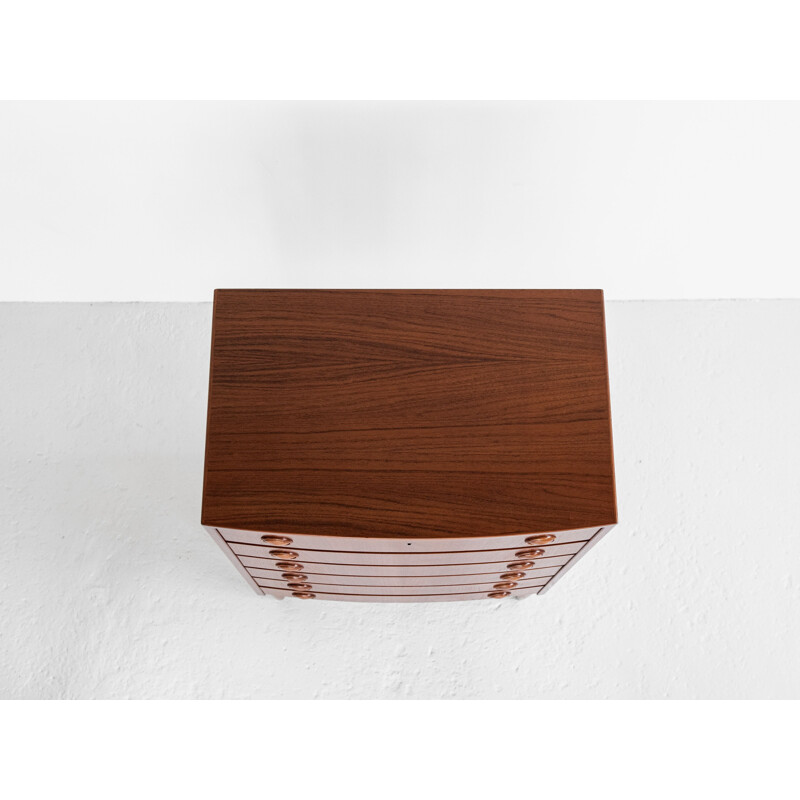 Midcentury chest of 6 drawers in teak by Kai Kristiansen bowed front, Danish 1960s