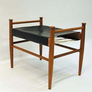 Vintage Black leather and teak footstool by Gillis Lundgren for Ikea, Sweden 1960s