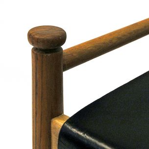 Vintage Black leather and teak footstool by Gillis Lundgren for Ikea, Sweden 1960s