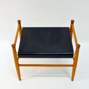 Vintage Black leather and teak footstool by Gillis Lundgren for Ikea, Sweden 1960s
