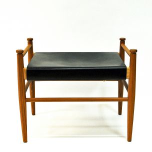 Vintage Black leather and teak footstool by Gillis Lundgren for Ikea, Sweden 1960s