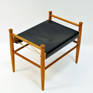 Vintage Black leather and teak footstool by Gillis Lundgren for Ikea, Sweden 1960s