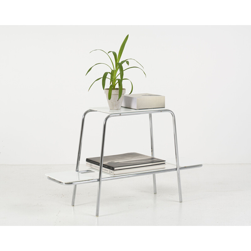 Vintage Bauhaus chrome side table flower stand with white opaxite glass 1930s