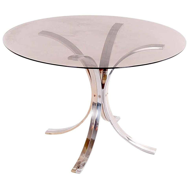 Vintage Dining Room Table by Romeo Rega Chrome Brass and Tinted Glass, Italy 1970s