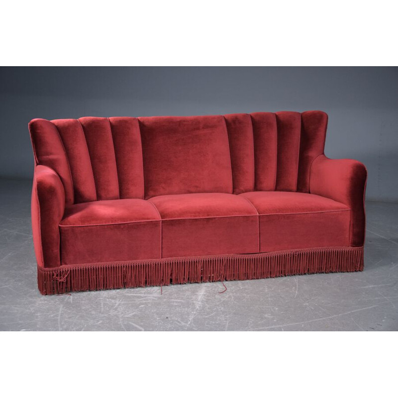 Vintage Sofa In Red Velour, Danish 1950s