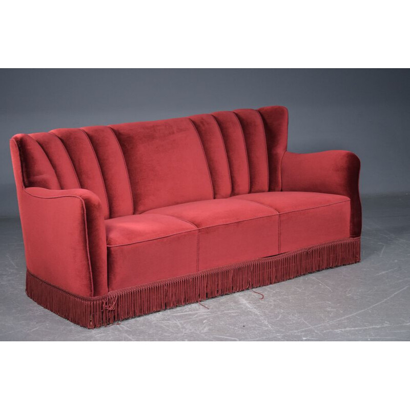 Vintage Sofa In Red Velour, Danish 1950s