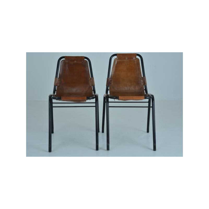 Pair of "Les Arcs" chairs in leather and metal - 1960s