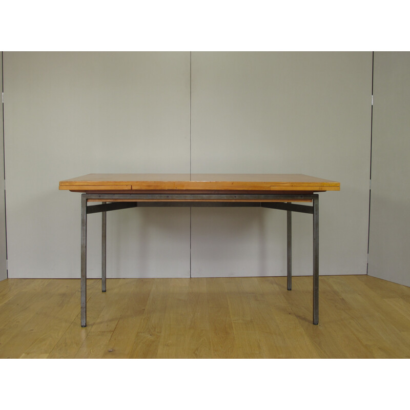 Extendable dining table in elm and steel, Bernard MARANGE - 1950s