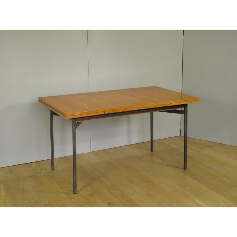 Extendable dining table in elm and steel, Bernard MARANGE - 1950s