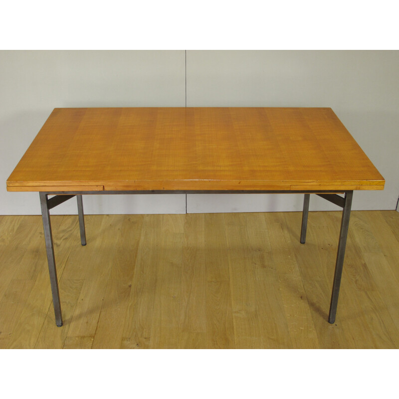 Extendable dining table in elm and steel, Bernard MARANGE - 1950s