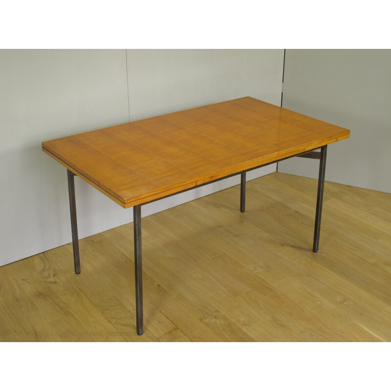 Extendable dining table in elm and steel, Bernard MARANGE - 1950s