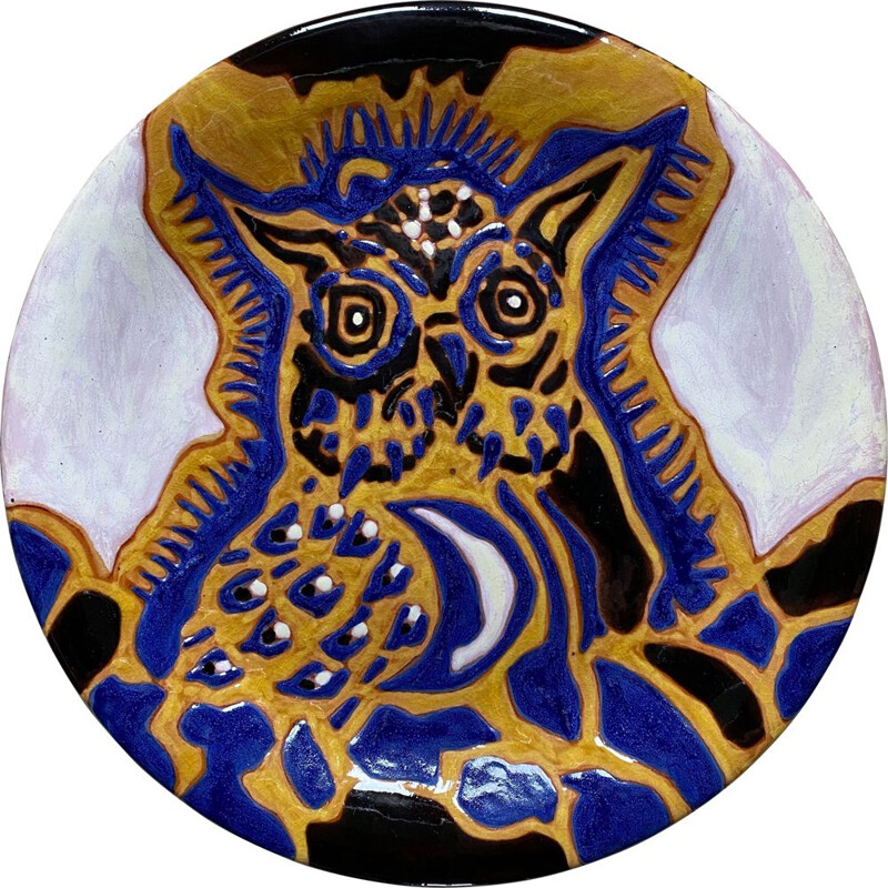 Vintage ceramic owl plate by Jean Lurçat