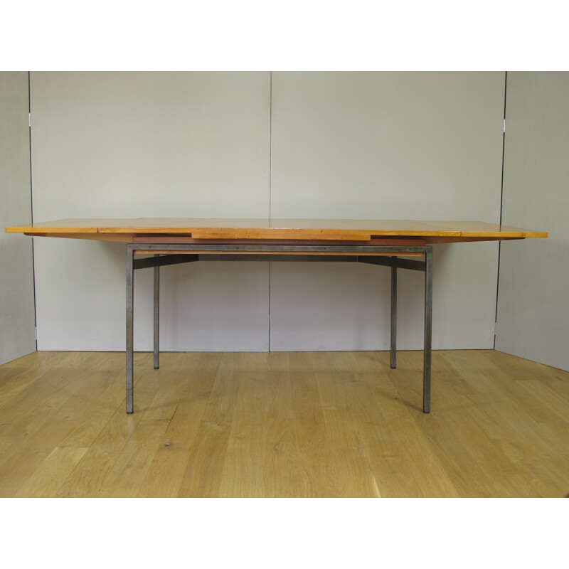 Extendable dining table in elm and steel, Bernard MARANGE - 1950s