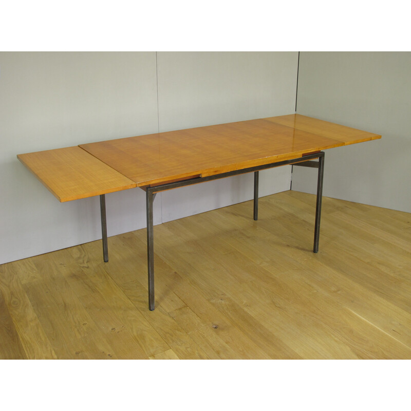 Extendable dining table in elm and steel, Bernard MARANGE - 1950s