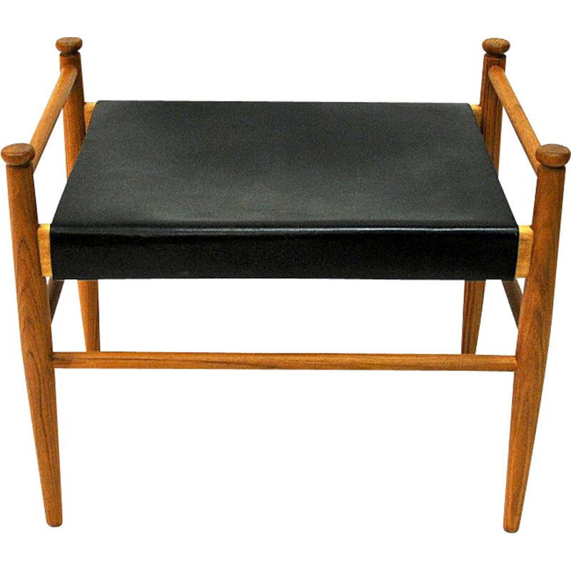 Vintage Black leather and teak footstool by Gillis Lundgren for Ikea, Sweden 1960s