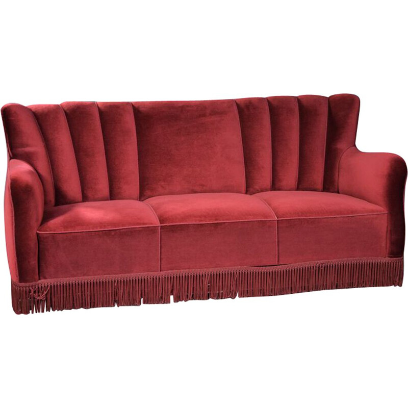 Vintage Sofa In Red Velour, Danish 1950s