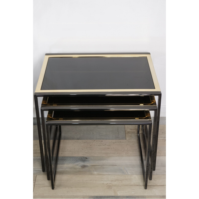 Tables gigognes vintage en métal laqué noir et plaqué or de Roger Vanhevel 1970