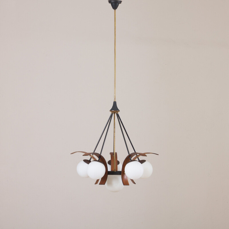 Vintage chandelier in teak and brass to Stilnovo, Italian 1950s