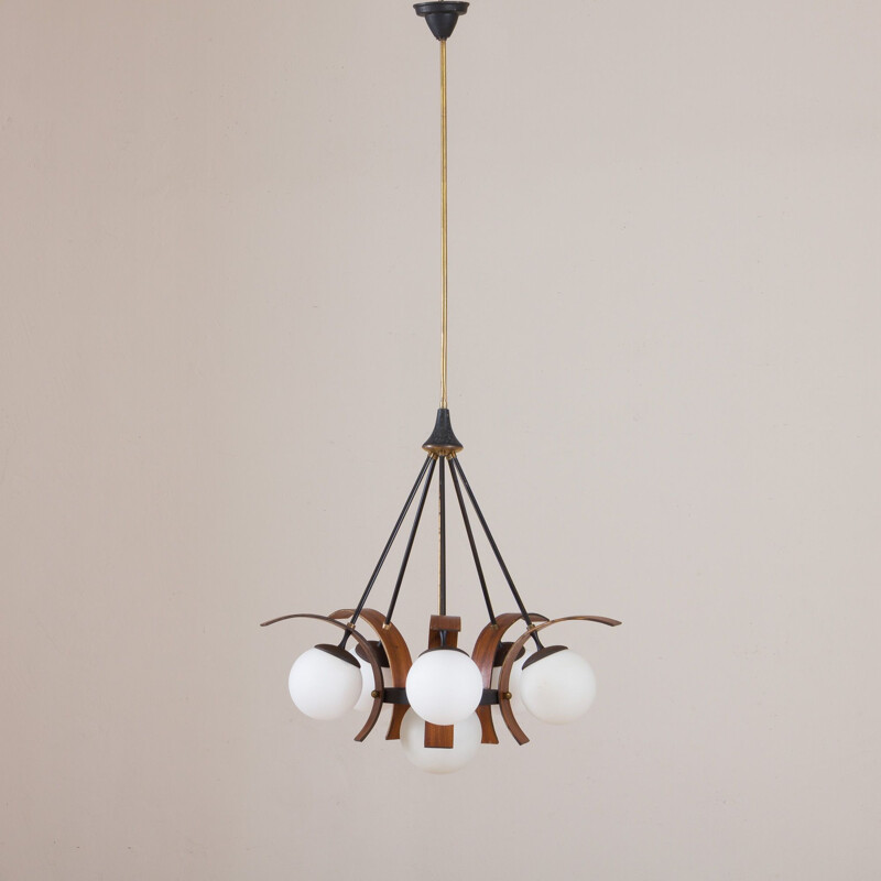 Vintage chandelier in teak and brass to Stilnovo, Italian 1950s