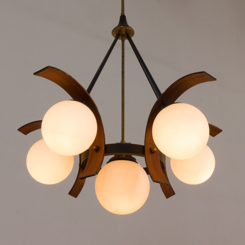 Vintage chandelier in teak and brass to Stilnovo, Italian 1950s