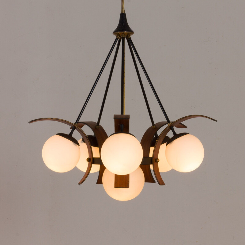 Vintage chandelier in teak and brass to Stilnovo, Italian 1950s