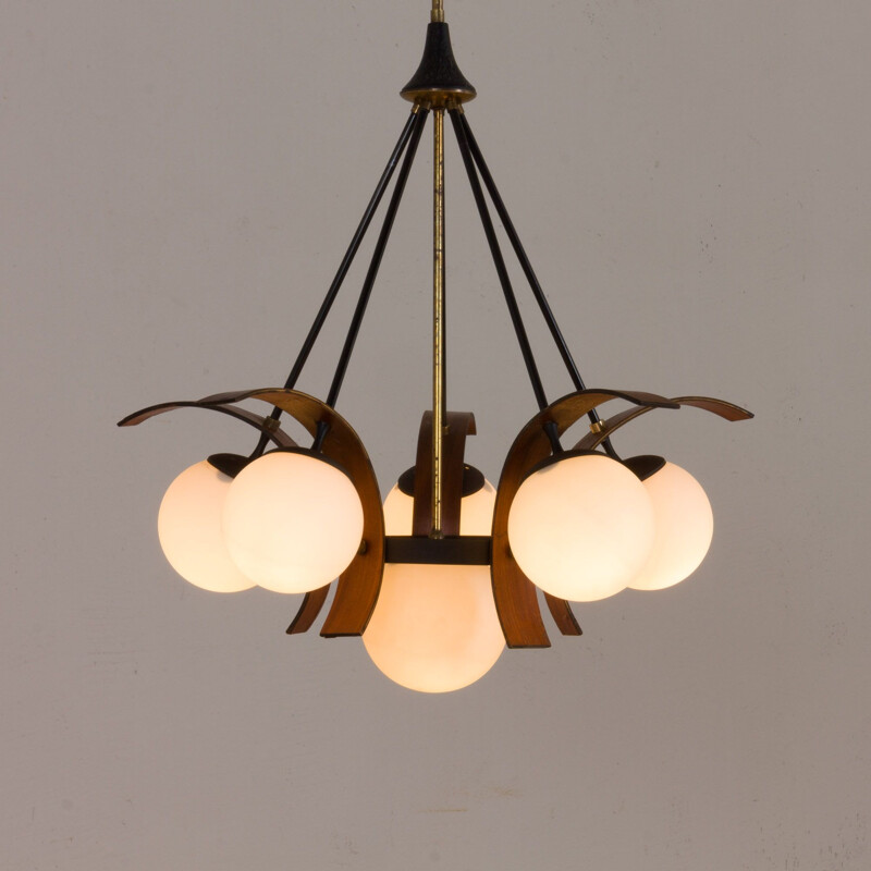 Vintage chandelier in teak and brass to Stilnovo, Italian 1950s