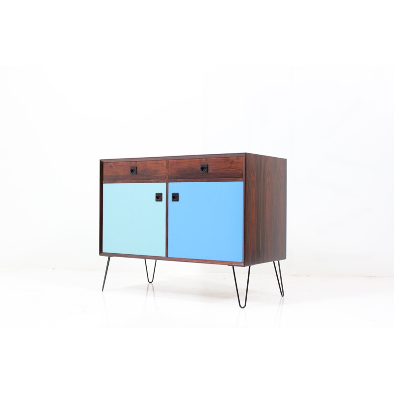 Small blue sideboard in rosewood with hairpin legs - 1960s