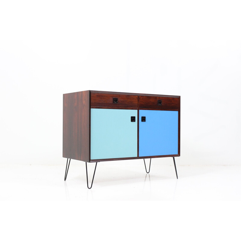 Petit buffet bleu en palissandre avec piétement épingle - 1960