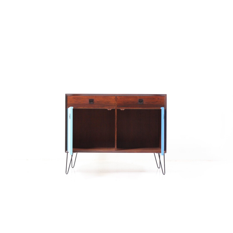 Small blue sideboard in rosewood with hairpin legs - 1960s