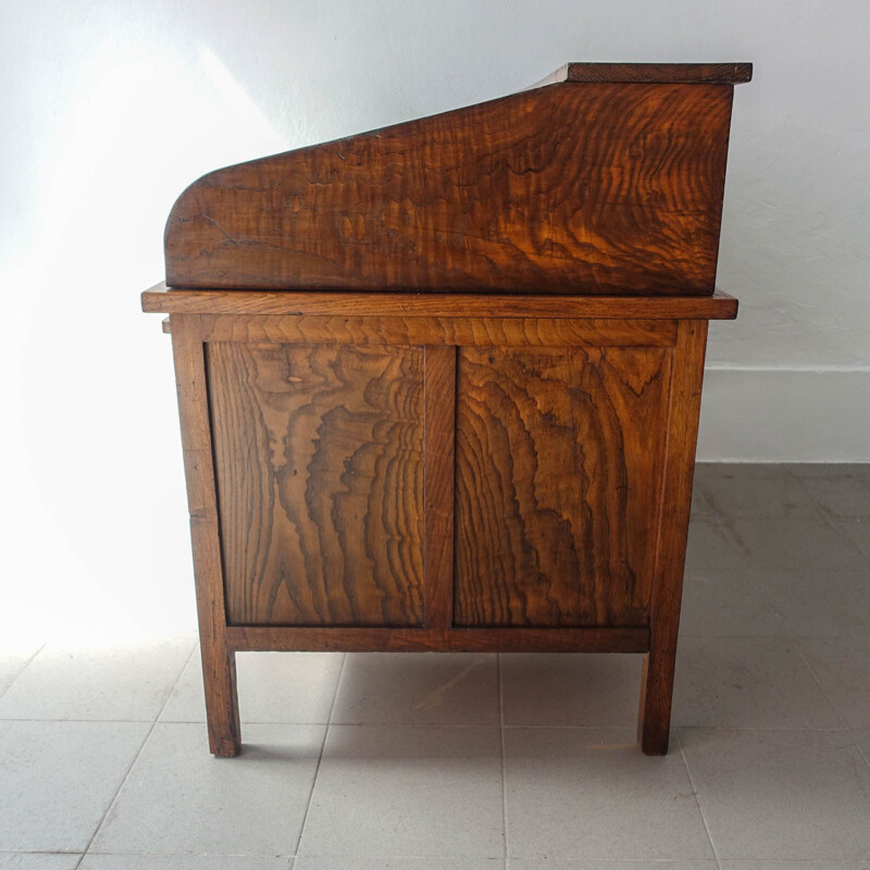 Vintage Industrial Oak-wood Tambour Door Desk, Portuguese 1940s