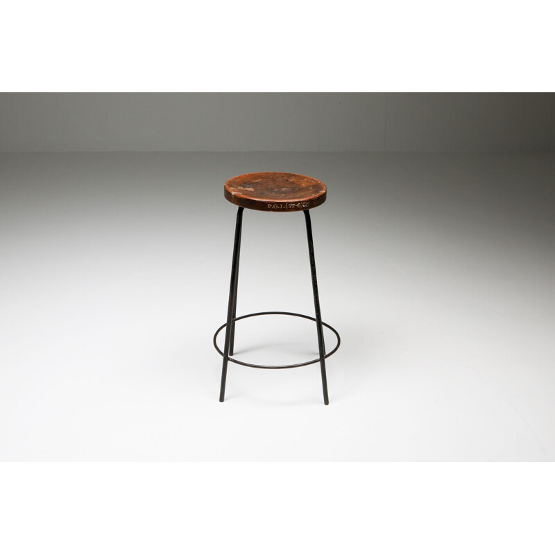 Vintage Teak & Iron High Stool PJ-011022 by Pierre Jeanneret 1960s