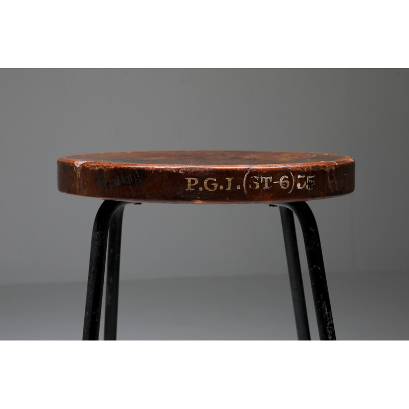 Vintage Teak & Iron High Stool PJ-011022 by Pierre Jeanneret 1960s