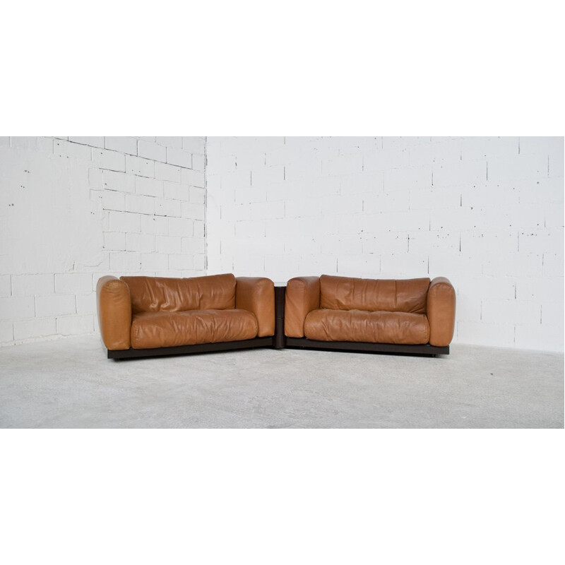 Pair of vintage modulable leather canapes by Boeri cini by Gavina 1970s