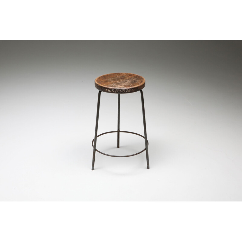 Vintage Teak & Iron Stool PJ-011023 by Pierre Jeanneret 1960