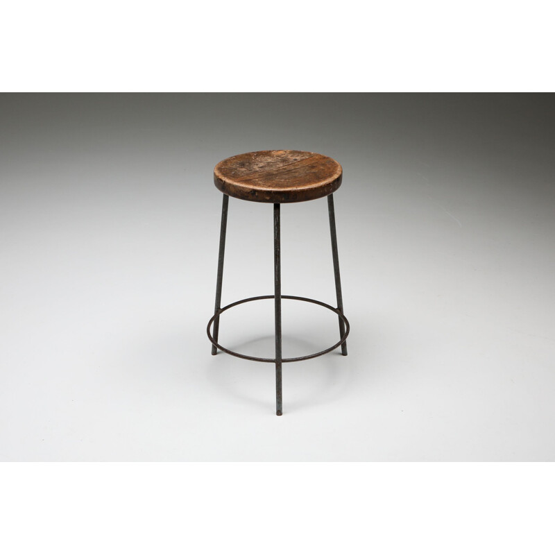 Vintage Teak & Iron Stool PJ-011023 by Pierre Jeanneret 1960