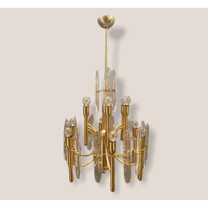 Pair of vintage Brass & Crystal Ceiling Lamps by Gaetano Sciolari 1970s