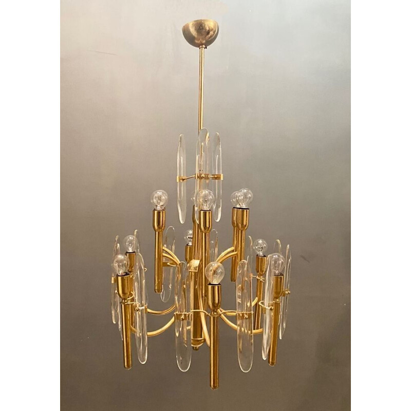 Pair of vintage Brass & Crystal Ceiling Lamps by Gaetano Sciolari 1970s