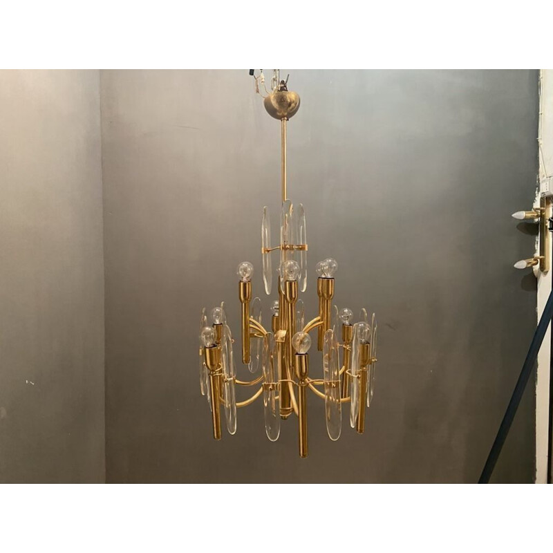 Pair of vintage Brass & Crystal Ceiling Lamps by Gaetano Sciolari 1970s